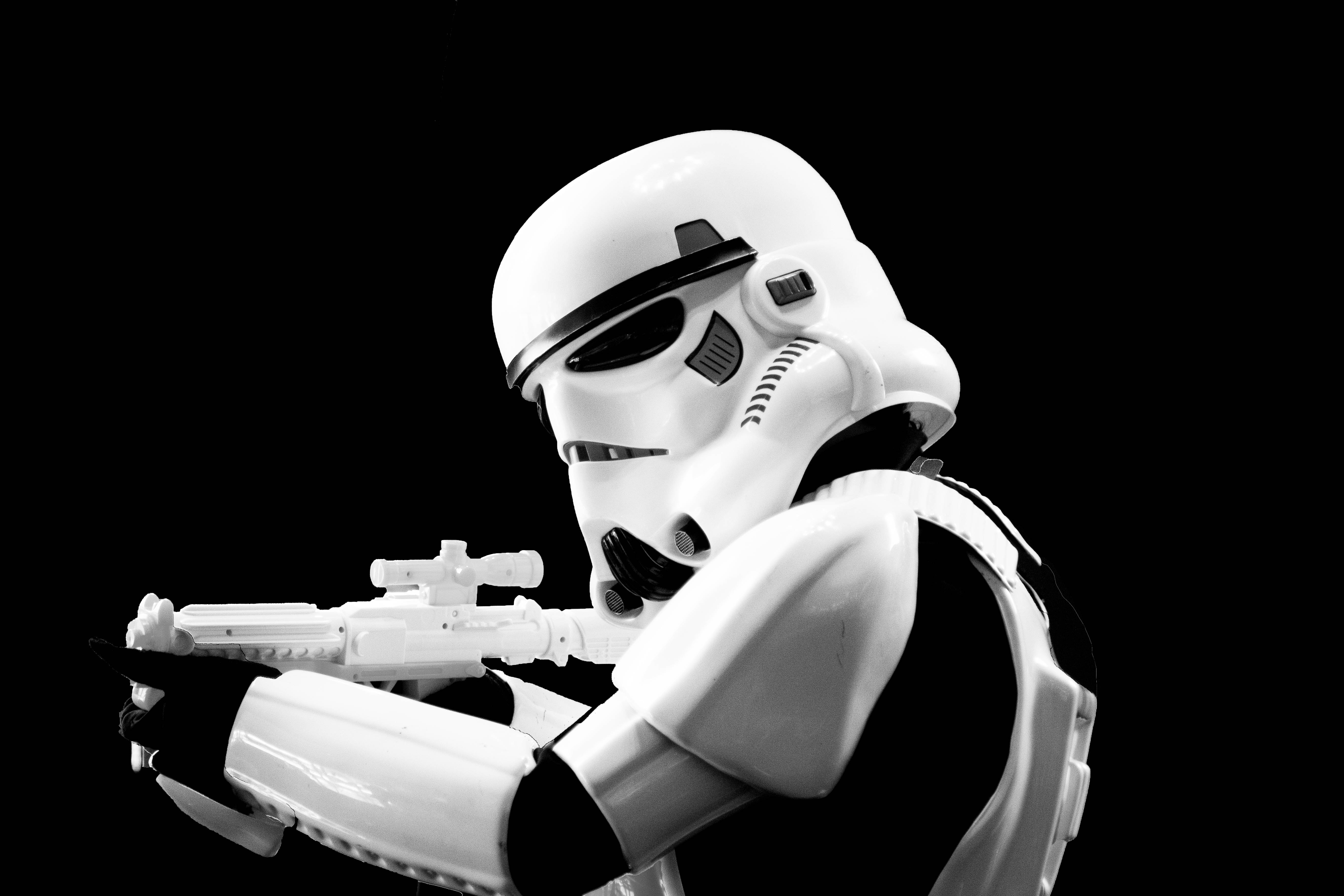 First Order Stormtrooper — black and white portrait, armor in perfect detail
